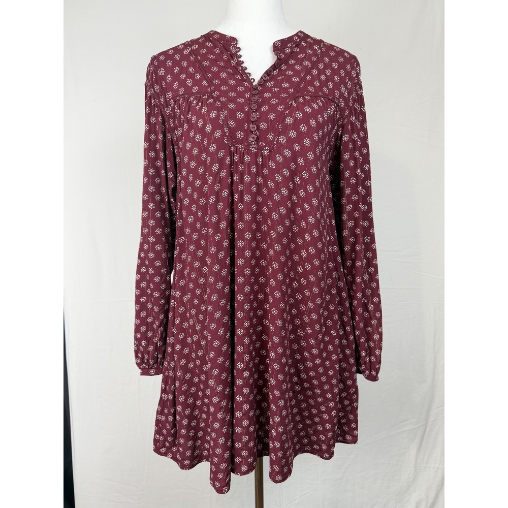 Treasure & Bond Floral Mini Dress Women S Burgundy‎ Metallic Henley Boho